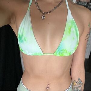 Green and White Tie-Dye Bikini Top